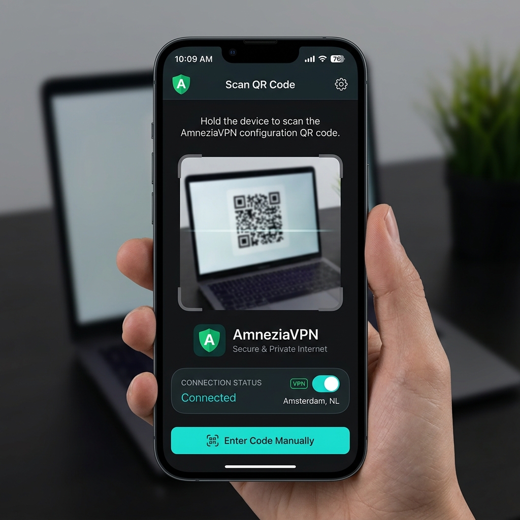 مسح رمز QR وشاشة الاتصال في AmneziaVPN